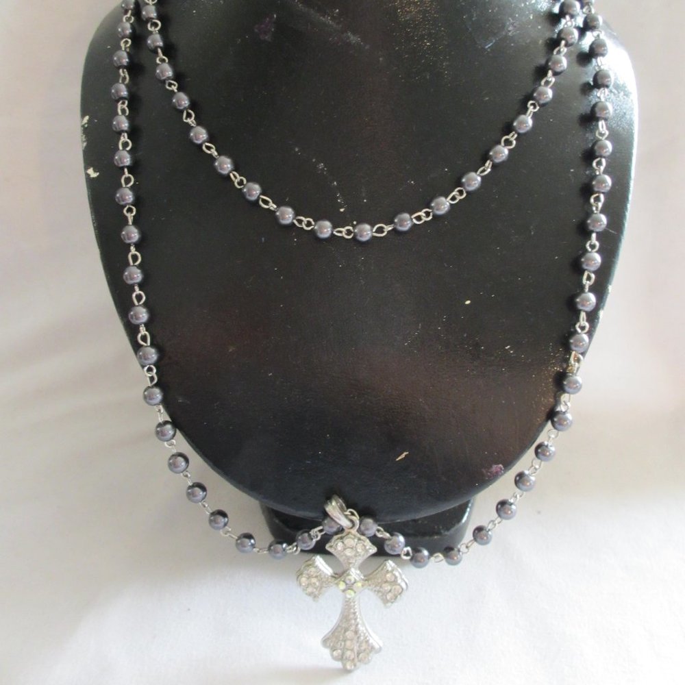 Metallic Blue Rosary Style Necklace